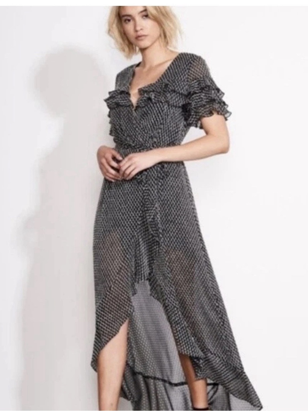 Ali & Jay Pointelle Wrap Ruffle Dress Black/White Romantic Boho - Picture 6 of 12